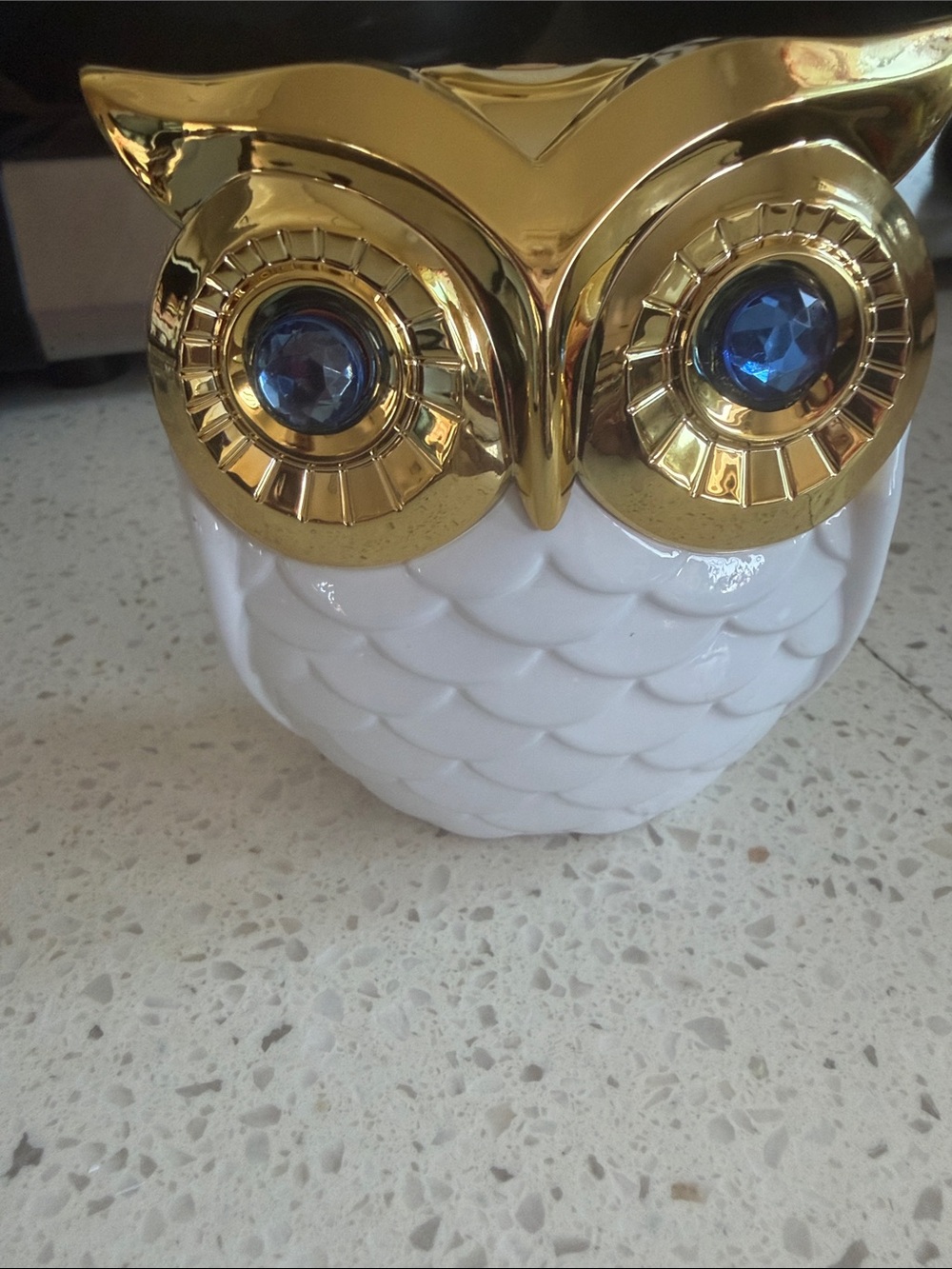 Gold and White Ceramic Owl Perfume 3.4 Fl.Oz. with Blue Gem Eyes New with Box.